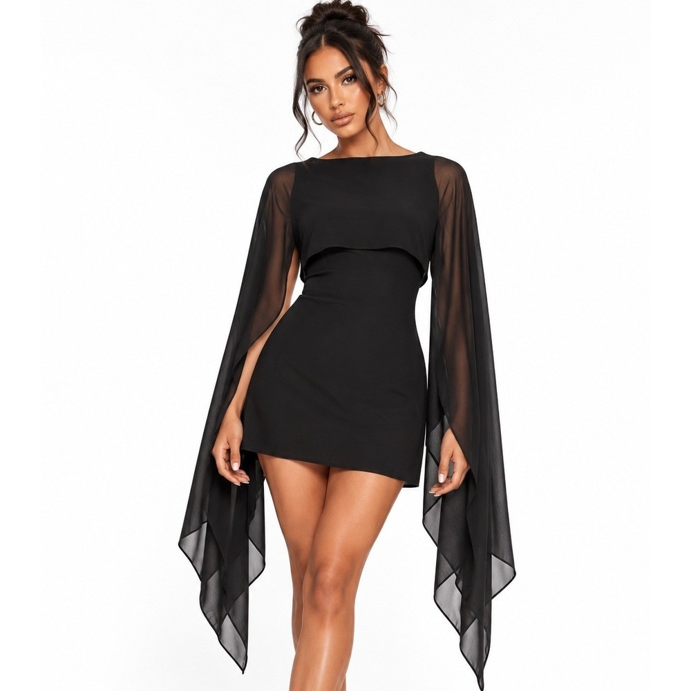 PrettyLittleThing Black Cape Detail Mini Dress Long Sheer Sleeve Size 8 NEW